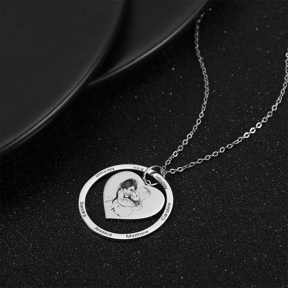 Photo Engraved Necklace Heart In Round Pendant, Family Necklace Platinum Plated - Silver - yournamencklaceuk