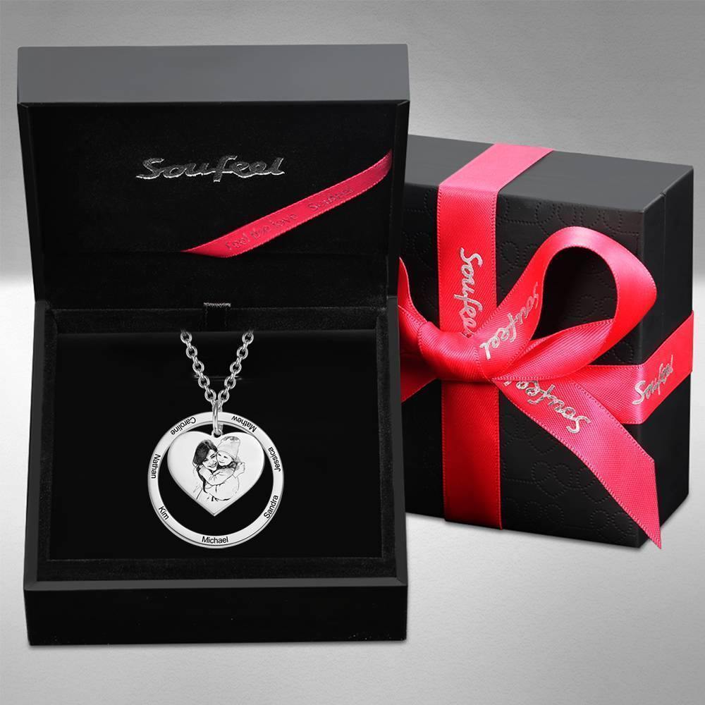 Photo Engraved Necklace Heart In Round Pendant, Family Necklace Platinum Plated - Silver - yournamencklaceuk