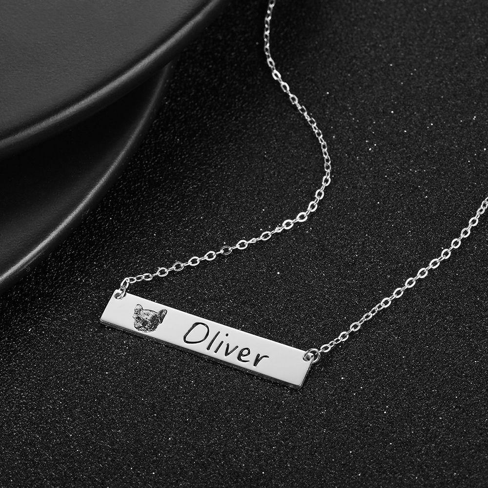 Photo Engraved Necklace, Portrait Bar Necklace Platinum Plated - Silver - yournamencklaceuk