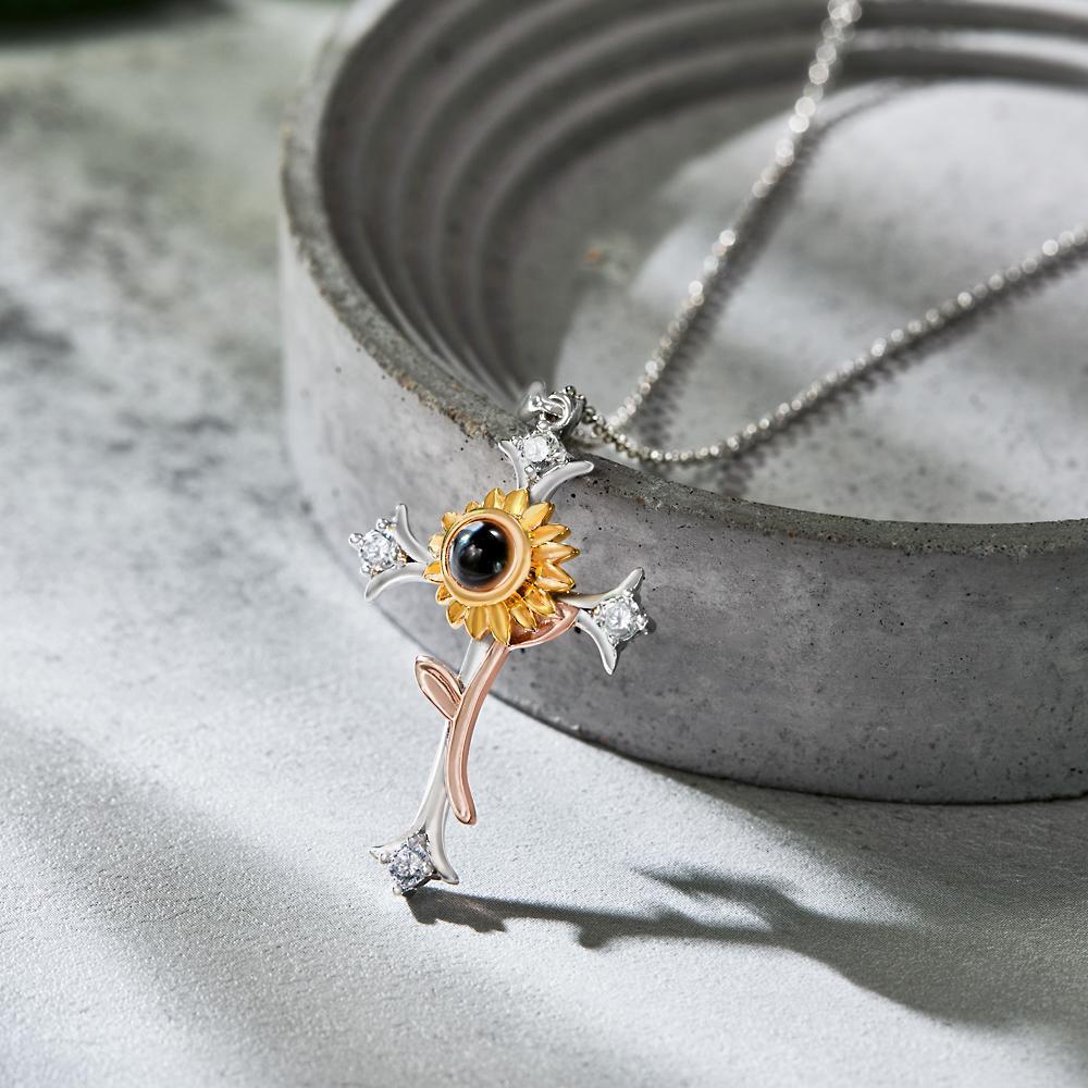 Personalized Cross Flower Photo Projection Necklace Custom Photo  Sunflower Necklace for Women - yournamenecklaceuk