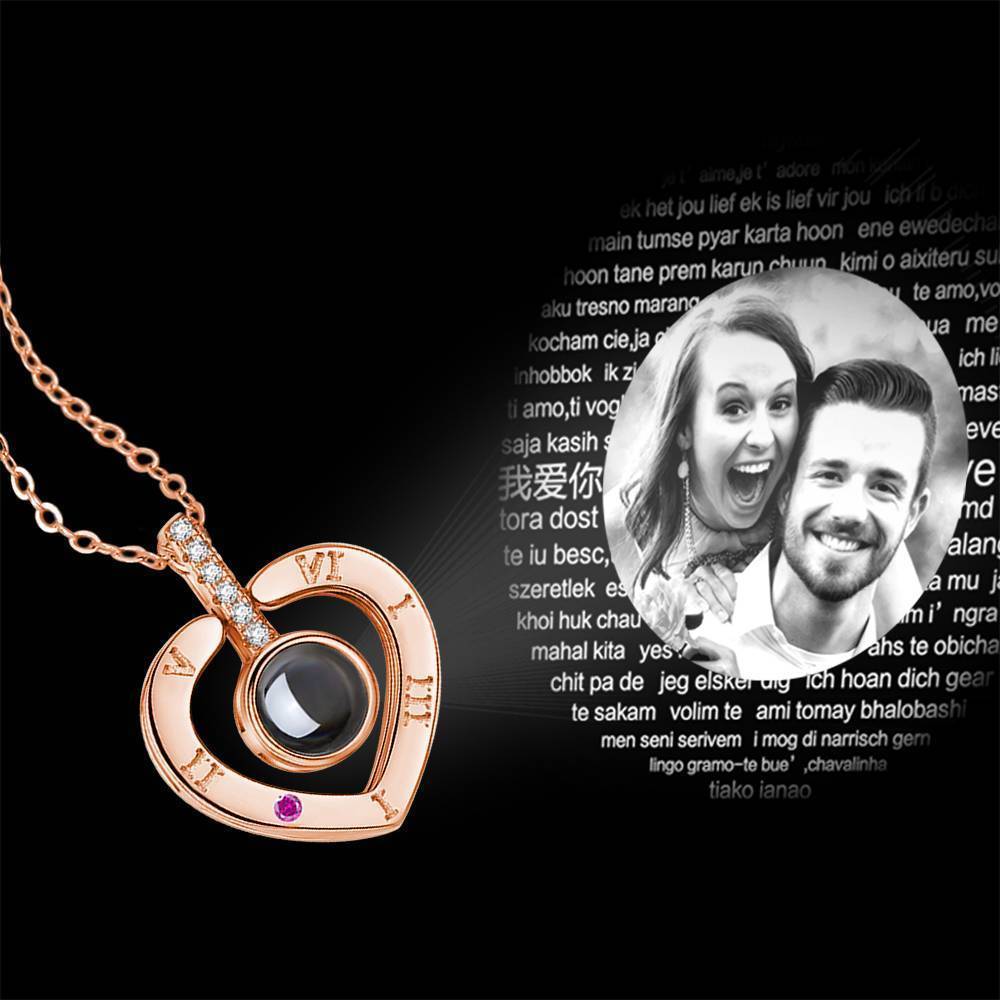 Personalized Photo With 100 Languages Says I Love You Projection Necklace Heart-shaped Rose Gold 