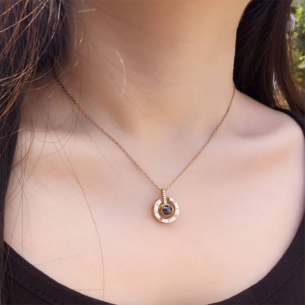 Personalized Engraved With 100 Languages Says I Love You Projection Necklace Round-shaped Rose Gold