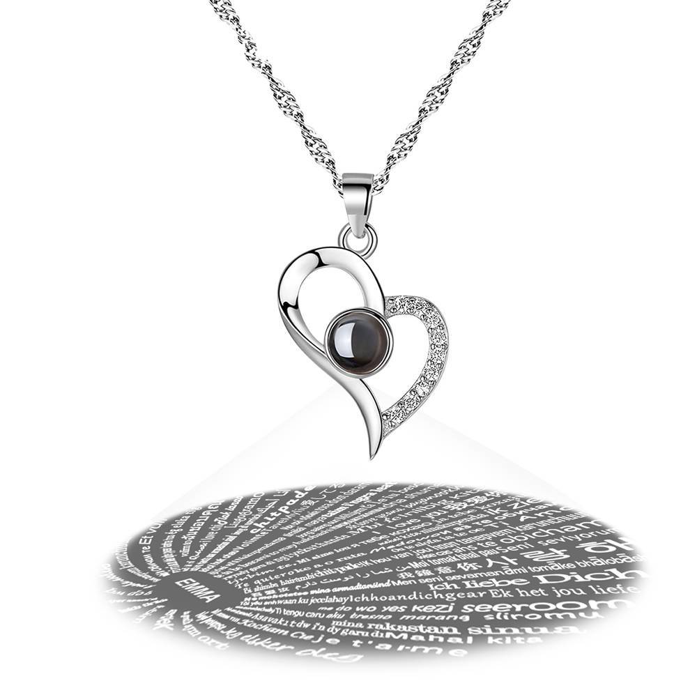 Personalised Engraved With 100 Languages Says I Love You Projection Necklace Love Your Heart Silver