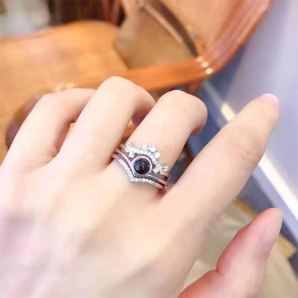 I Love You Ring in 100 Languages Projection Photo Engraved Ring, Three in One Crown Ring Silver - yournamenecklaceuk