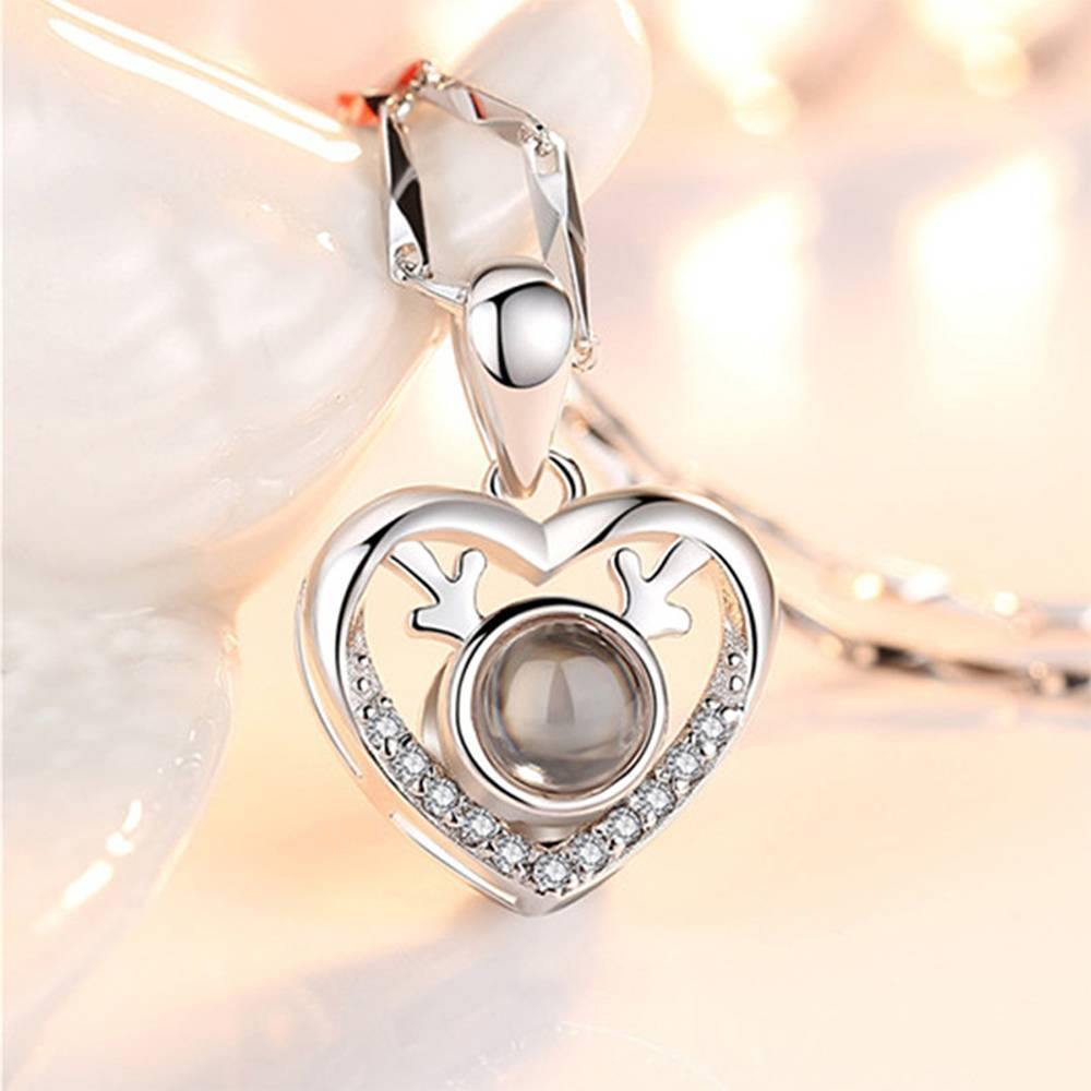 I Love You Necklace in 100 Languages Projection Photo Engraved Necklace Heart with Antlers Silver - yournamencklaceuk