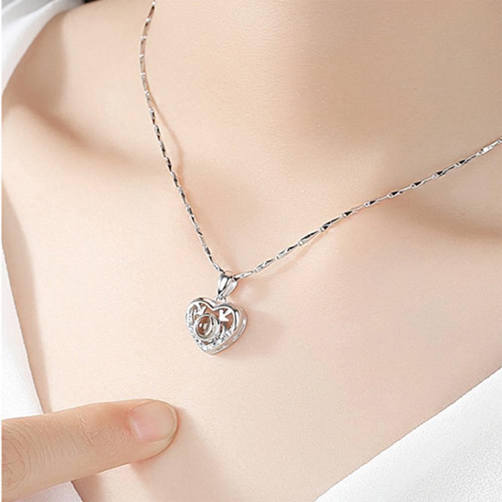 I Love You Necklace in 100 Languages Projection Photo Engraved Necklace Heart with Antlers Silver - yournamencklaceuk