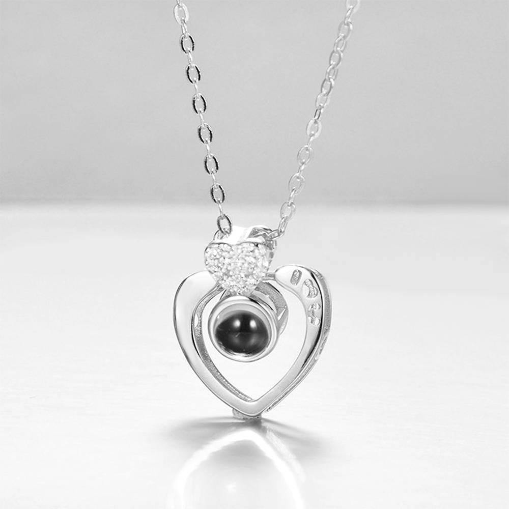 I Love You Necklace in 100 Languages Projection Photo Engraved Necklace Two Hearts Silver - yournamencklaceuk
