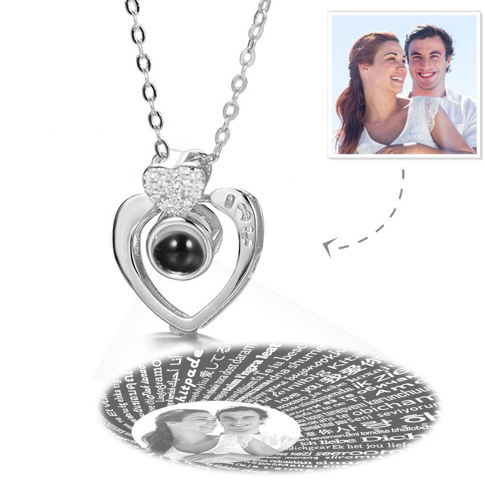 I Love You Necklace in 100 Languages Projection Photo Engraved Necklace Two Hearts Silver - yournamencklaceuk