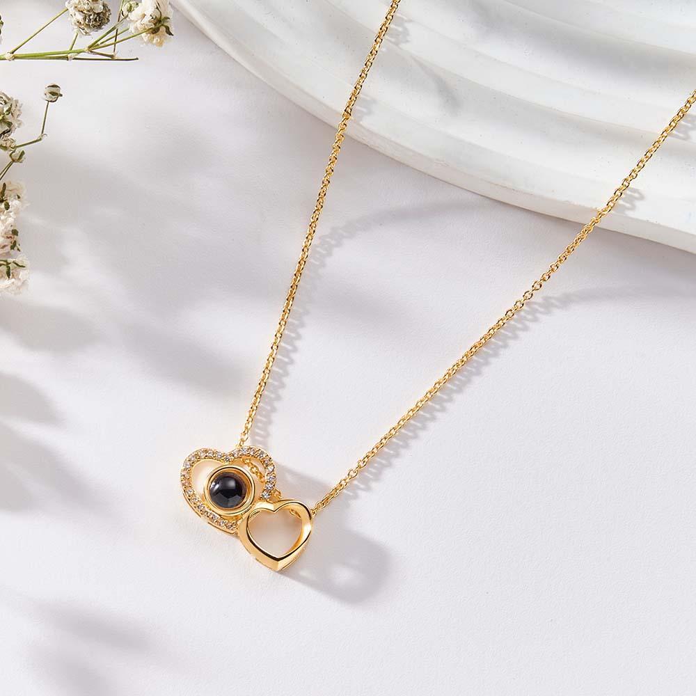 Custom Double Heart Photo Projection Necklace Personalized Picture Inside Pendant Memorial Jewelry - yournamenecklaceuk