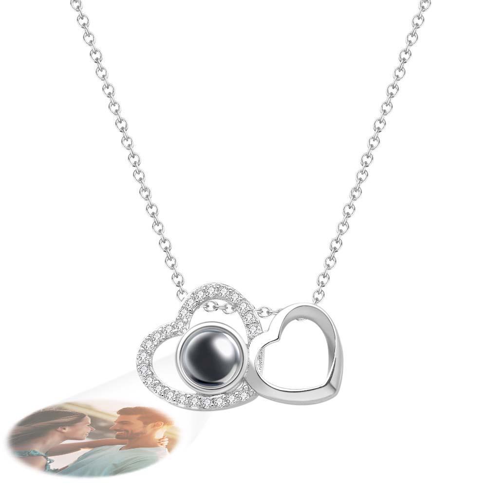 Custom Double Heart Photo Projection Necklace Personalized Picture Inside Pendant Memorial Jewelry - yournamenecklaceuk
