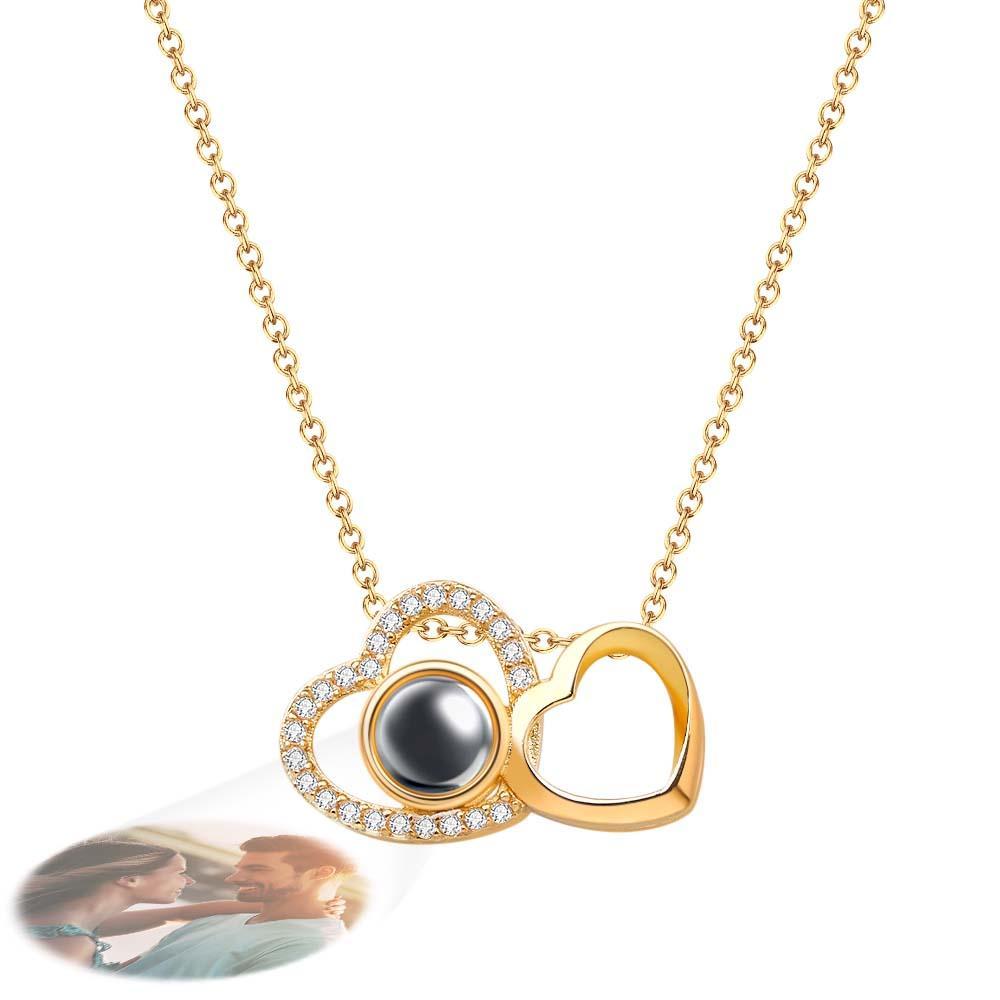 Custom Double Heart Photo Projection Necklace Personalized Picture Inside Pendant Memorial Jewelry - yournamenecklaceuk