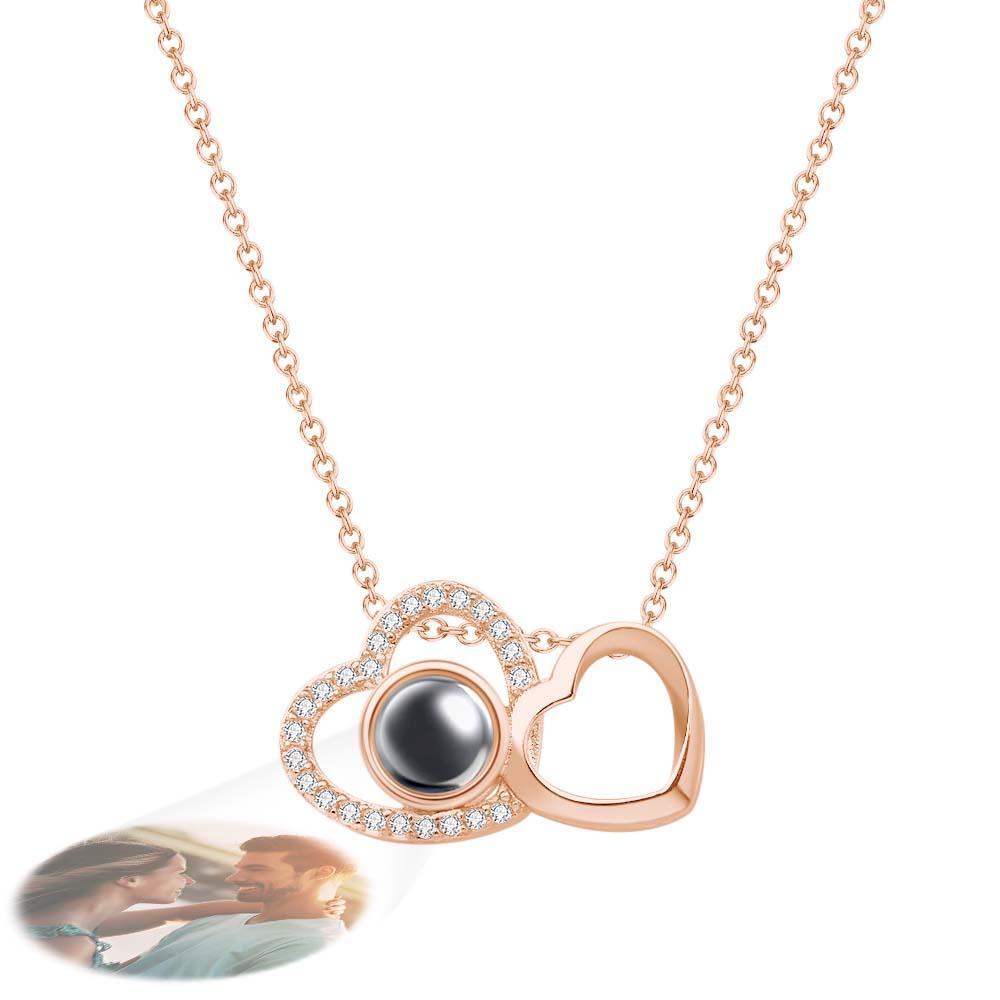 Custom Double Heart Photo Projection Necklace Personalized Picture Inside Pendant Memorial Jewelry - yournamenecklaceuk