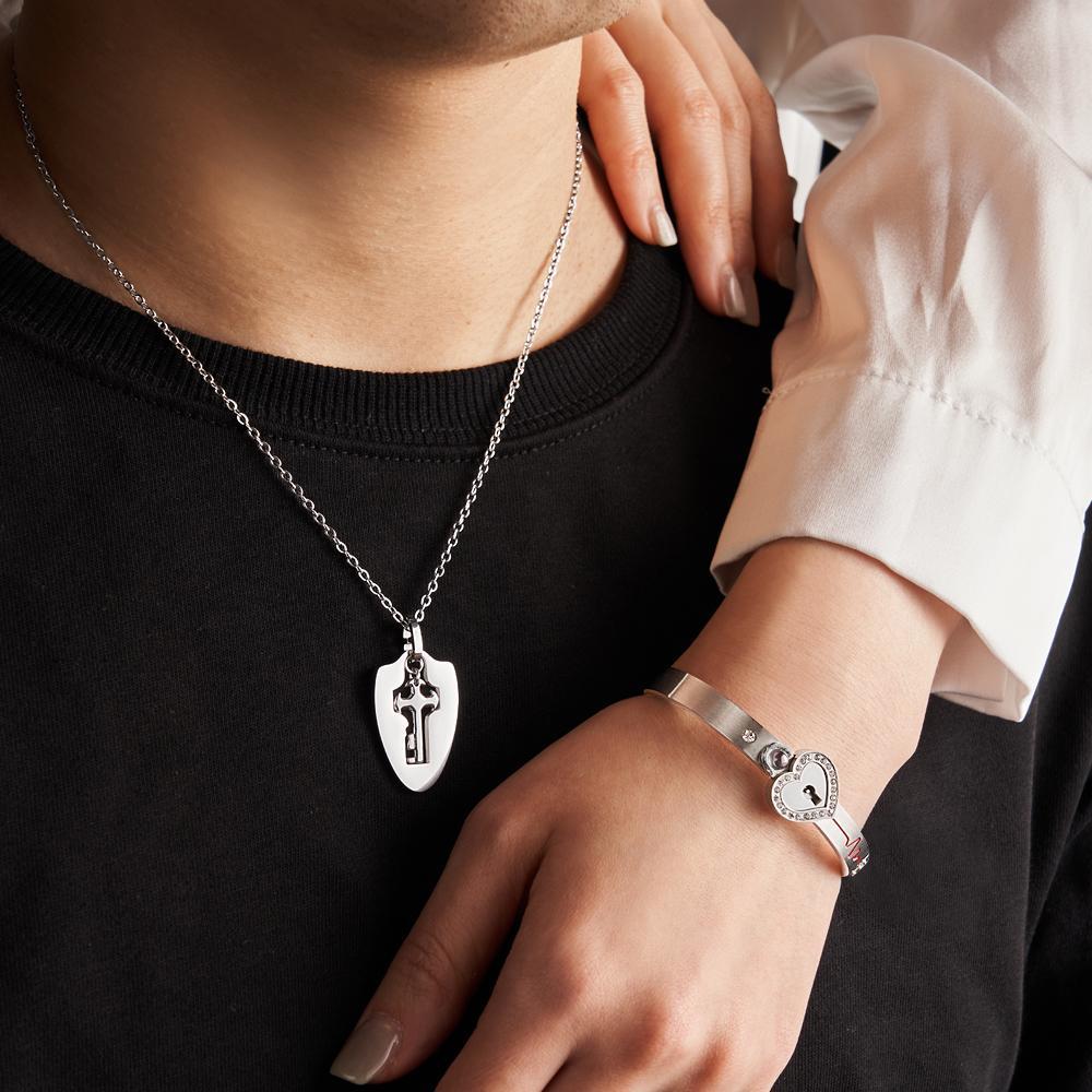 Custom Projection Shield Key Pendant Necklace and Lock Bracelet You Hold the Key to My Heart Gift - yournamenecklaceuk