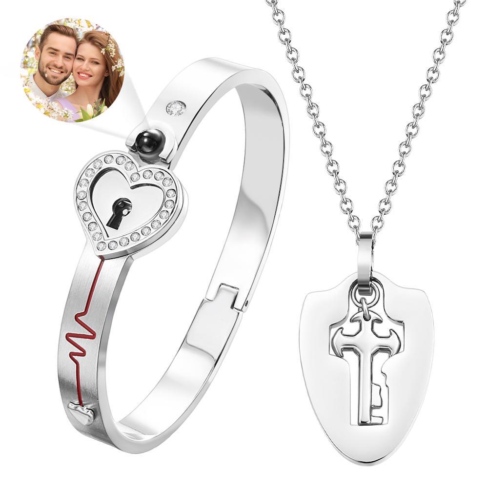 Custom Projection Shield Key Pendant Necklace and Lock Bracelet You Hold the Key to My Heart Gift - yournamenecklaceuk