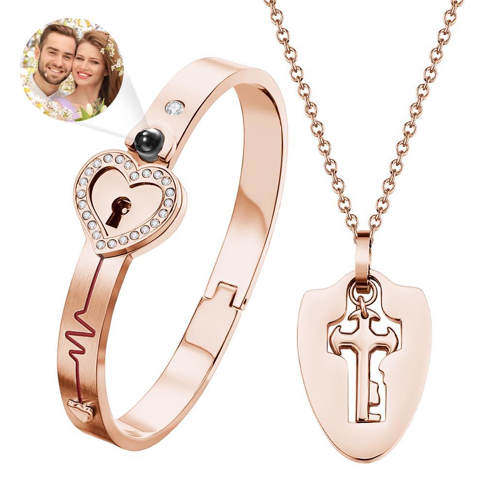 Custom Projection Shield Key Pendant Necklace and Lock Bracelet You Hold the Key to My Heart Gift - yournamenecklaceuk