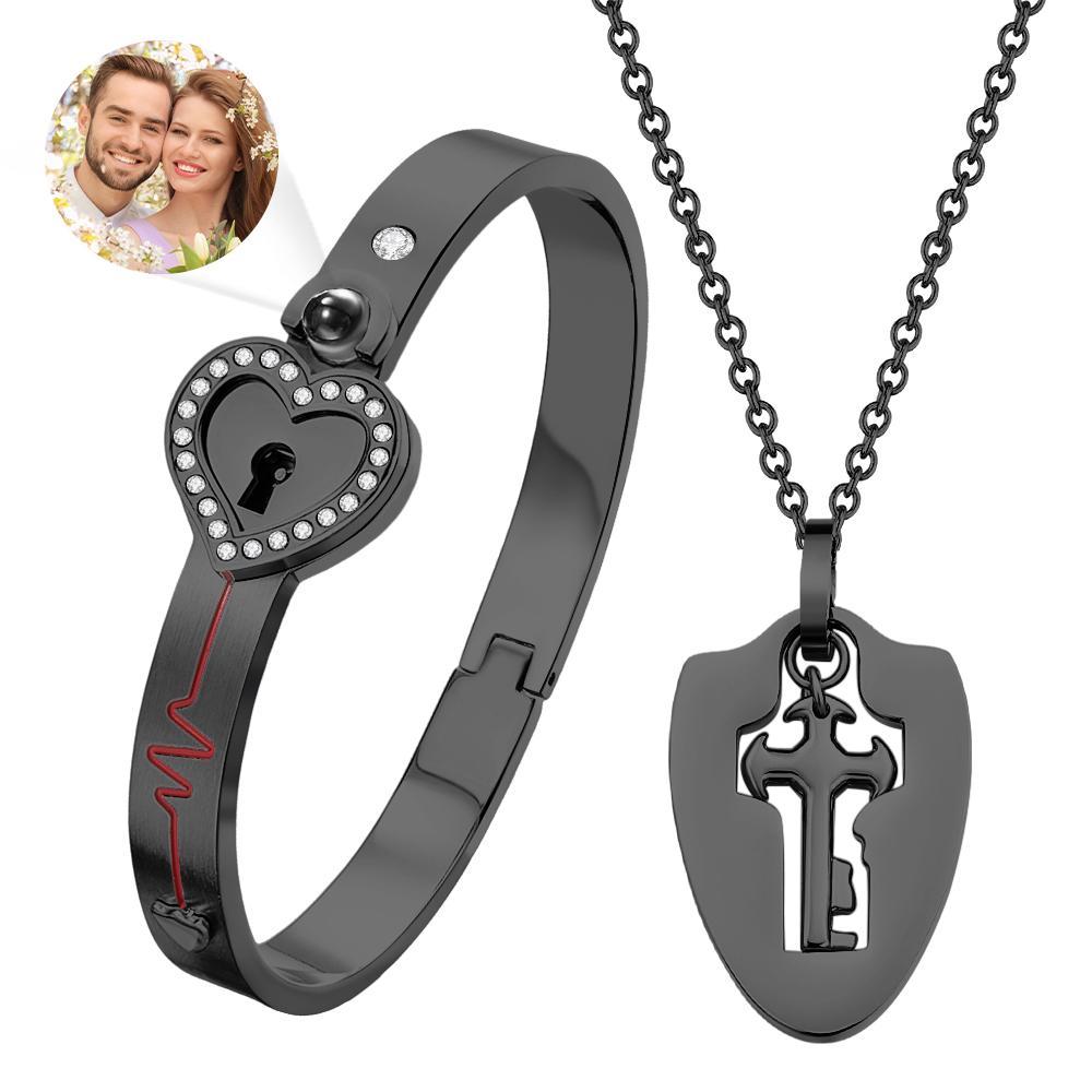 Custom Projection Shield Key Pendant Necklace and Lock Bracelet You Hold the Key to My Heart Gift - yournamenecklaceuk