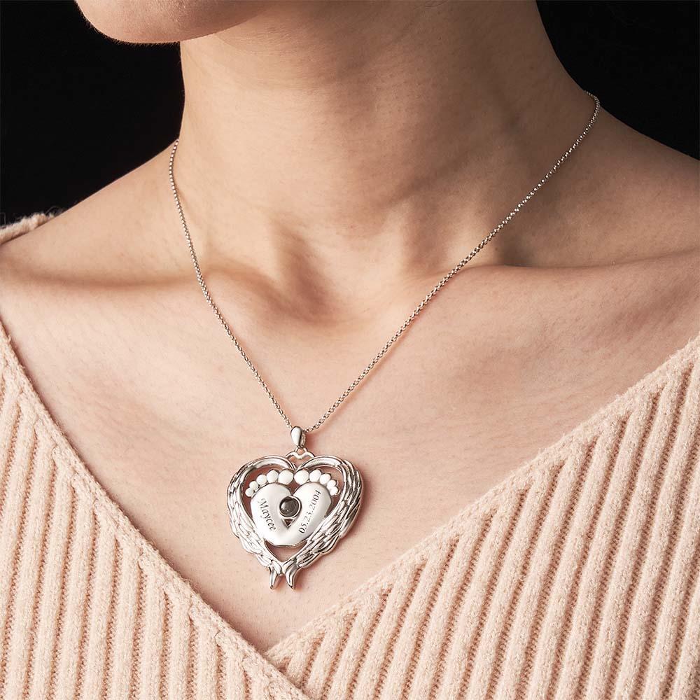 Custom Projection Name Necklace Angel Wings Baby Feet Gift for Mom - yournamenecklaceuk