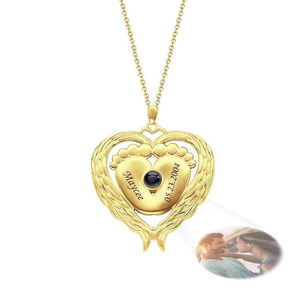 Custom Projection Name Necklace Angel Wings Baby Feet Gift for Mom - yournamenecklaceuk
