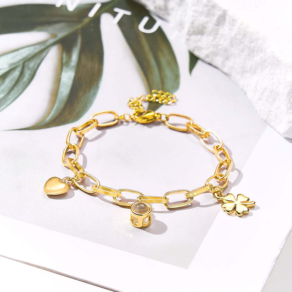 Custom Projection Heart Bracelet Four Leaf Clover Heart Charm Bracelet I Love You Adjustable Bracelet Gift for Best Friend - yournamenecklaceuk