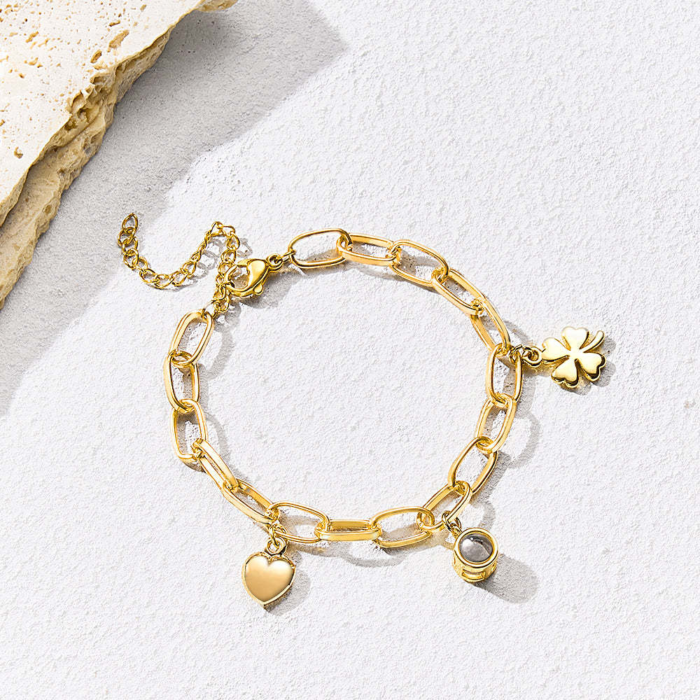 Custom Projection Heart Bracelet Four Leaf Clover Heart Charm Bracelet I Love You Adjustable Bracelet Gift for Best Friend - yournamenecklaceuk