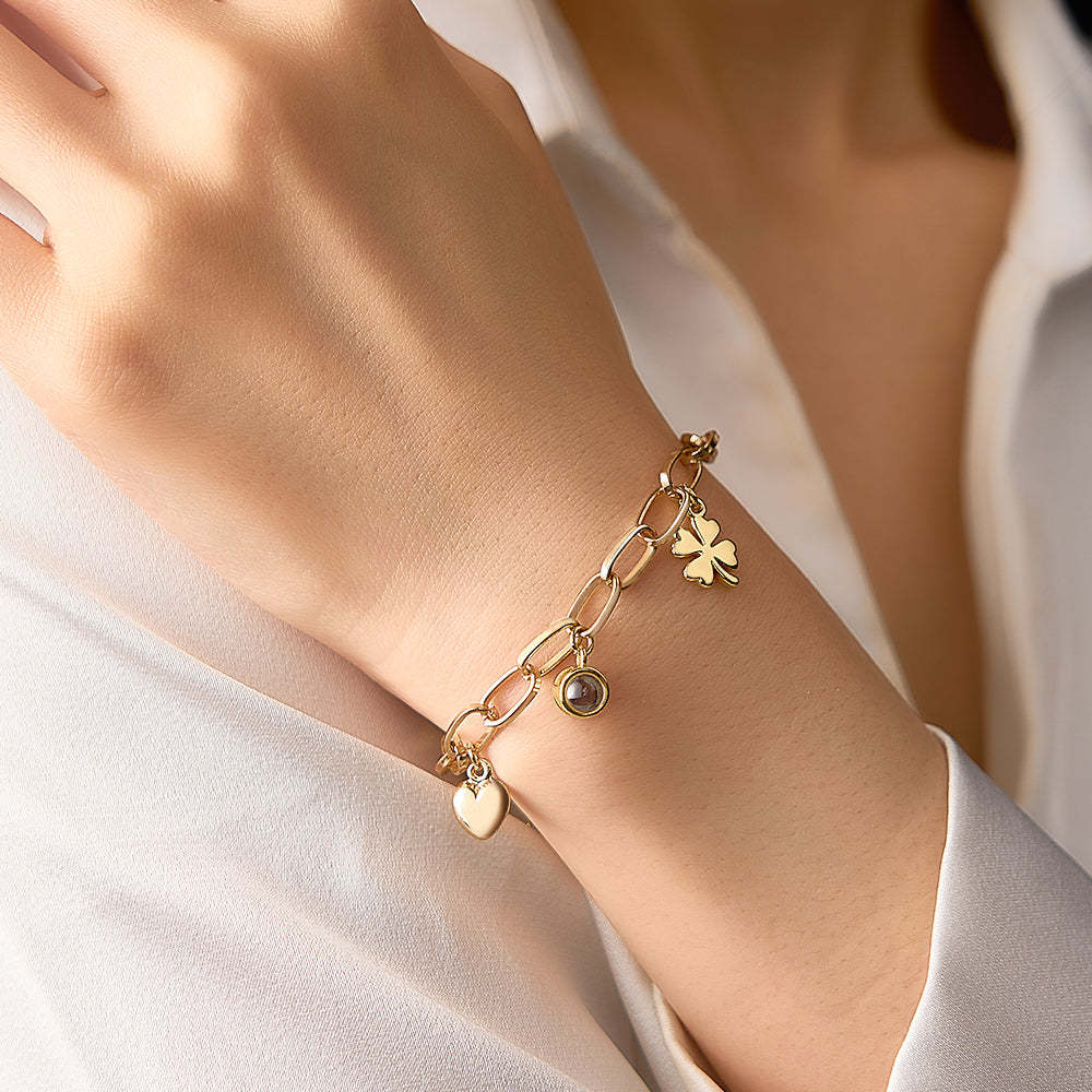 Custom Projection Heart Bracelet Four Leaf Clover Heart Charm Bracelet I Love You Adjustable Bracelet Gift for Best Friend - yournamenecklaceuk