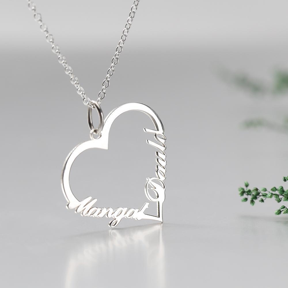 Custom Heart shaped Two Name Necklace Perfect Gift Silver