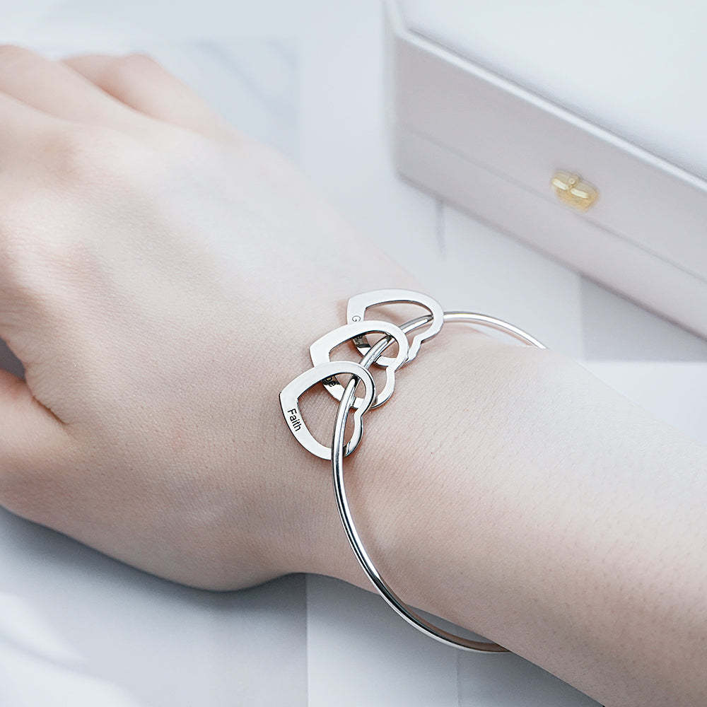 Trendy Engravable Bangle Bracelet with Heart Shape Pendants Gift - yournamenecklaceuk