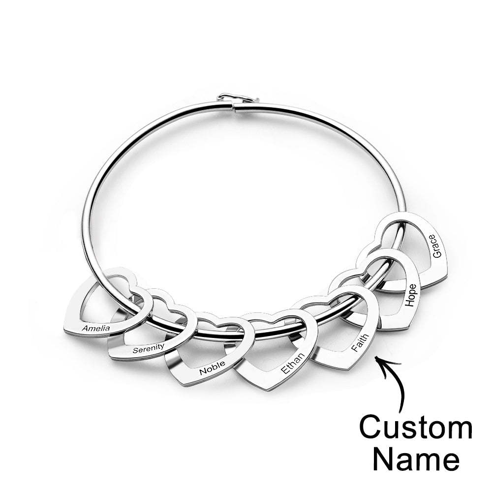 Trendy Engravable Bangle Bracelet with Heart Shape Pendants Gift - yournamenecklaceuk
