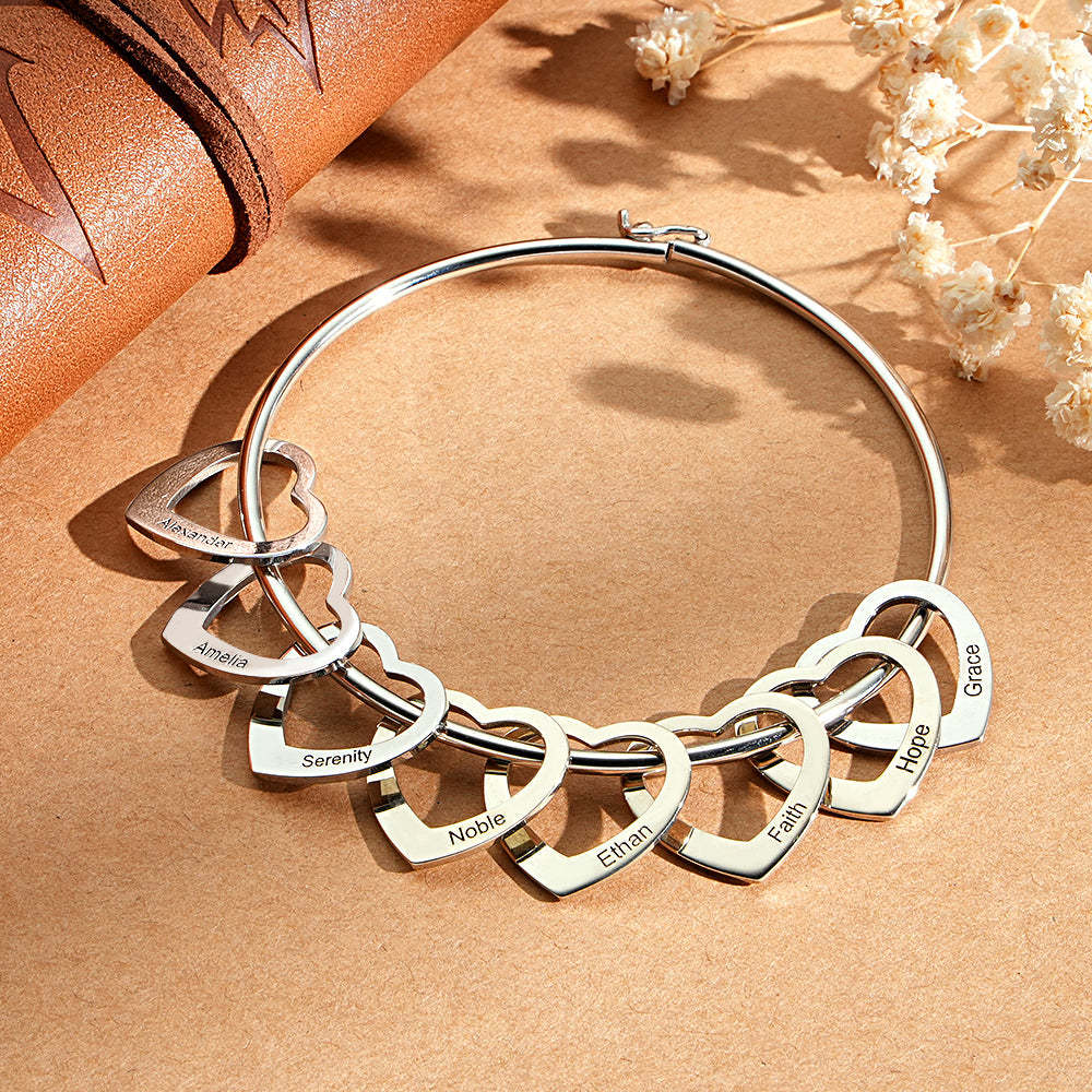 Trendy Engravable Bangle Bracelet with Heart Shape Pendants Gift - yournamenecklaceuk