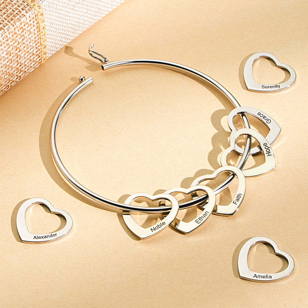 Trendy Engravable Bangle Bracelet with Heart Shape Pendants Gift - yournamenecklaceuk