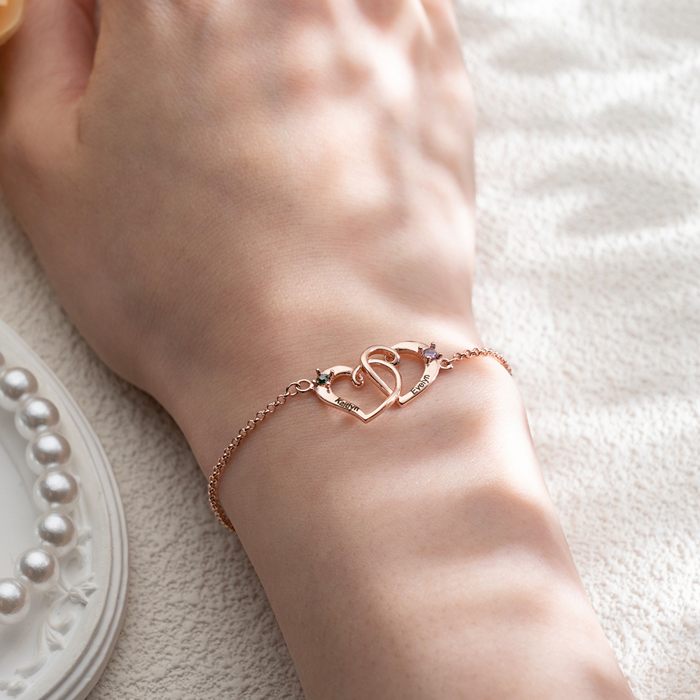 Custom Interlocking Heart Name Bracelet Birthstone Engraved Personalized Double Heart Bracelet for Couples Best Friends -  NameNecklaceUK