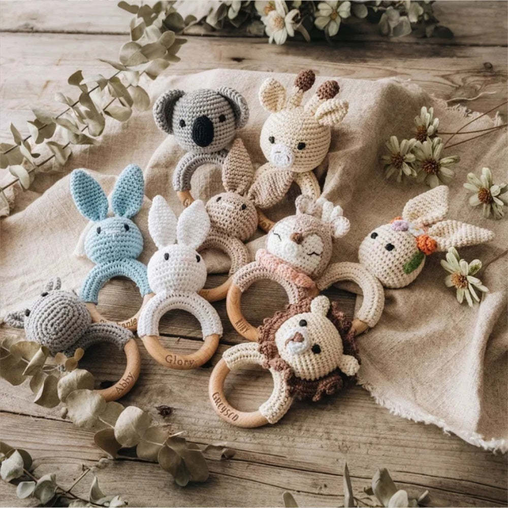 Personalized Animal Baby Rattle Baby Shower Gifts Custom Wooden Baby Rattle Crochet Rattle Toy Newborn Gifts Gift for Nephew Niece - yournamenecklaceuk