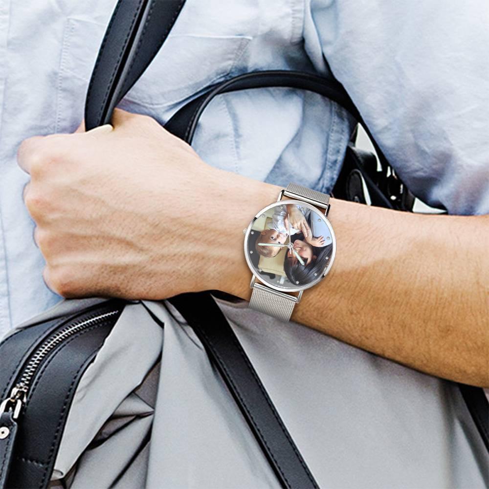 Engraved Photo Watch with Luminous Pointer Alloy Bracelet Photo Watch 40mm - Unisex - yournamenecklaceuk