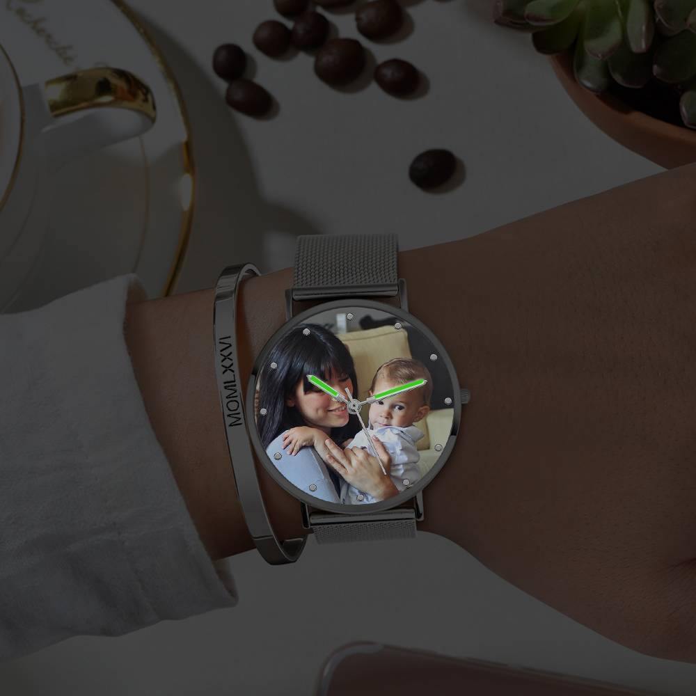 Engraved Photo Watch with Luminous Pointer Alloy Bracelet Photo Watch 40mm - Unisex - yournamenecklaceuk