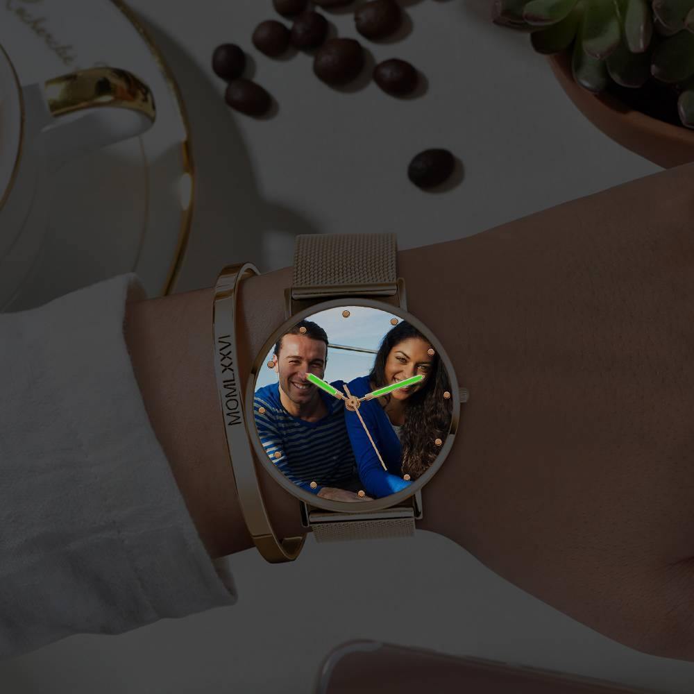 Engraved Photo Watch with Luminous Pointer Rose Gold Alloy Bracelet Photo Watch 40mm - Unisex - yournamenecklaceuk