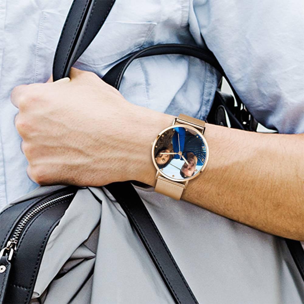 Engraved Photo Watch with Luminous Pointer Rose Gold Alloy Bracelet Photo Watch 40mm - Unisex - yournamenecklaceuk