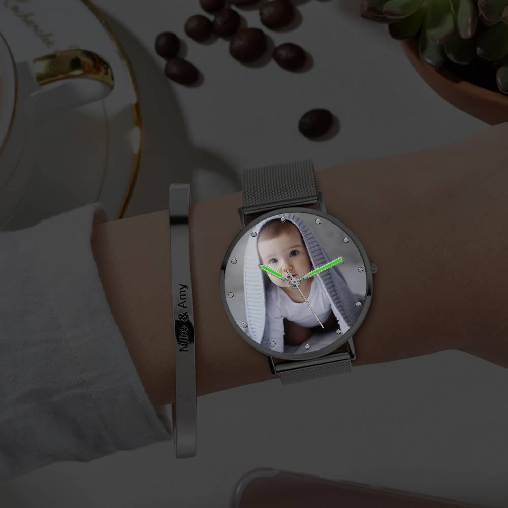 Engraved Photo Watch with Luminous Pointer Alloy Bracelet Photo Watch 36mm - Women's - yournamenecklaceuk