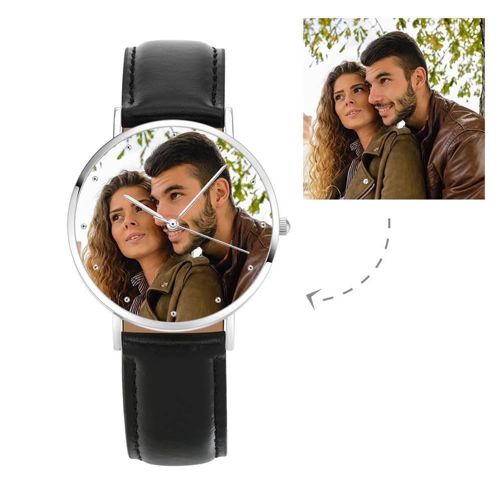 Unisex Engraved Photo Watch Black Leather Strap 40mm - yournamenecklaceuk
