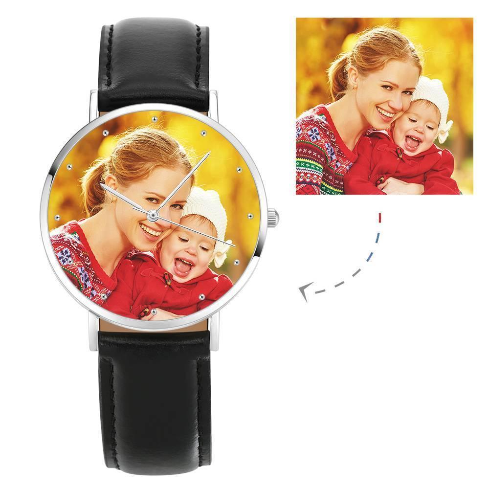 Unisex Engraved Photo Watch Black Leather Strap 40mm - yournamenecklaceuk