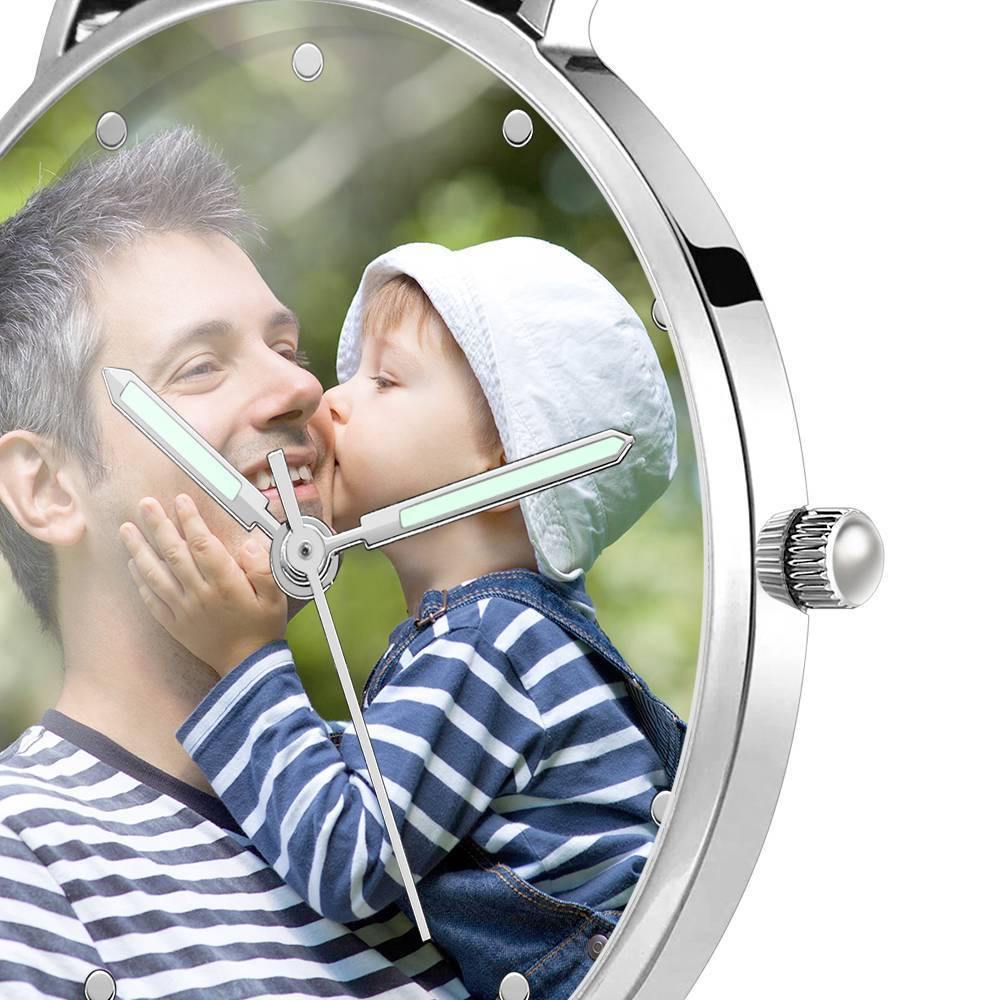 Engraved Photo Watch with Luminous Pointer Black Leather Strap 40mm - Unisex - yournamenecklaceuk