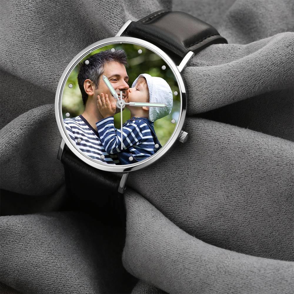 Engraved Photo Watch with Luminous Pointer Black Leather Strap 40mm - Unisex - yournamenecklaceuk