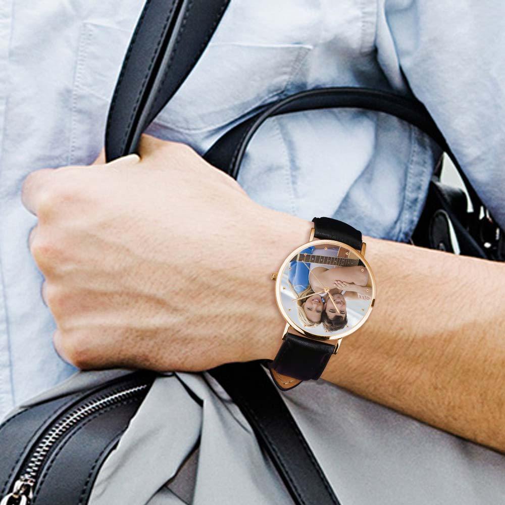 Unisex Engraved Rose Goldtone Photo Watch Black Leather Strap 40mm - yournamenecklaceuk
