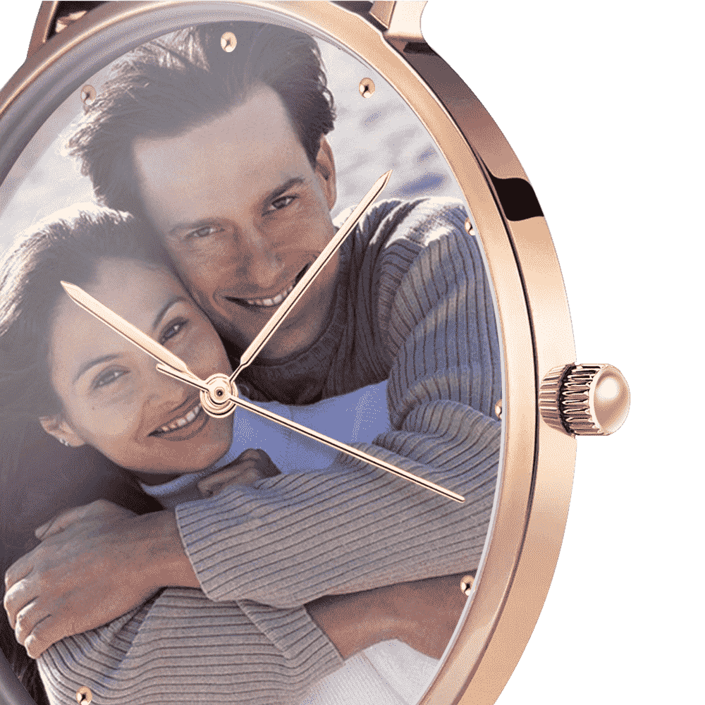 Unisex Engraved Rose Goldtone Photo Watch Brown Leather Strap 40mm - yournamenecklaceuk