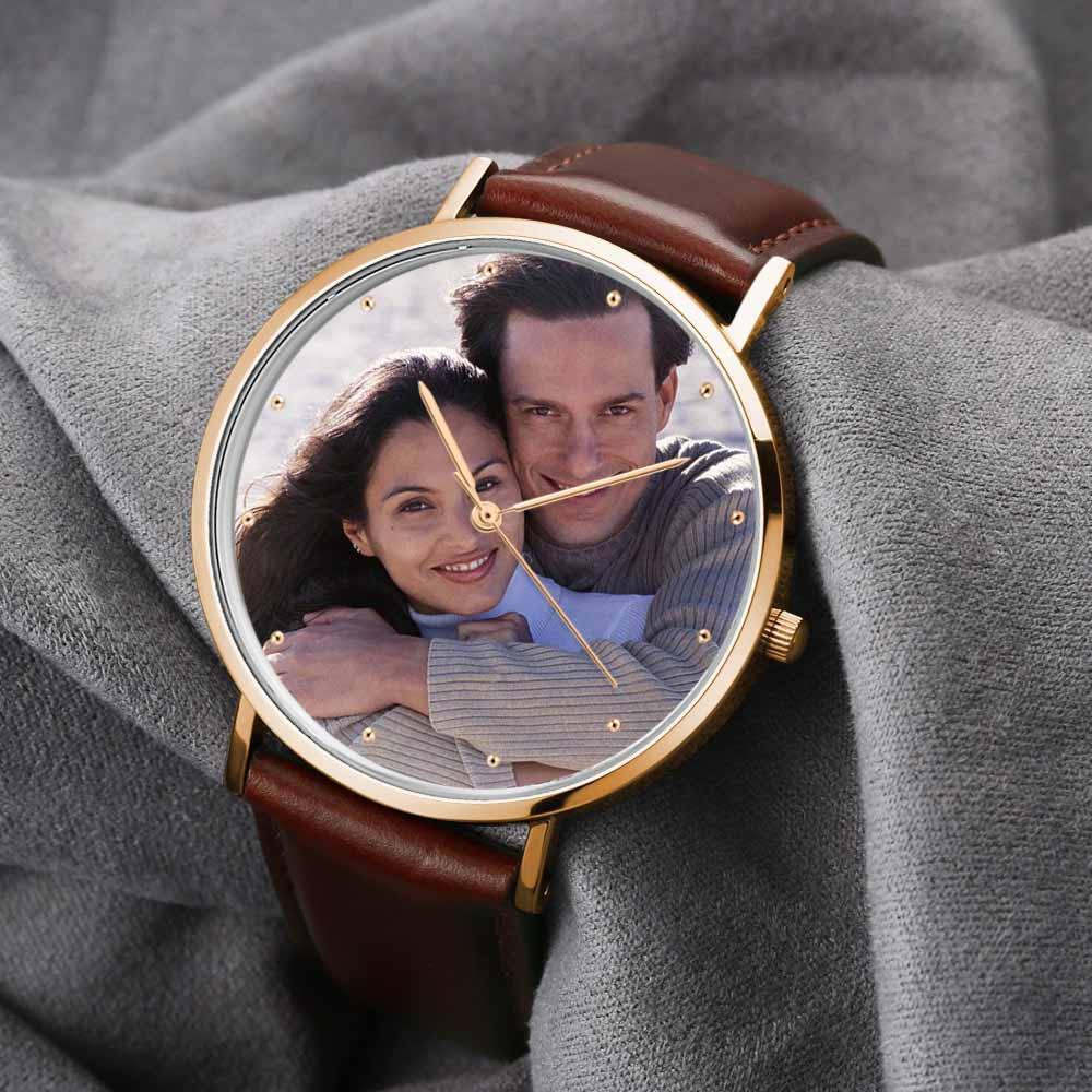 Unisex Engraved Rose Goldtone Photo Watch Brown Leather Strap 40mm - yournamenecklaceuk