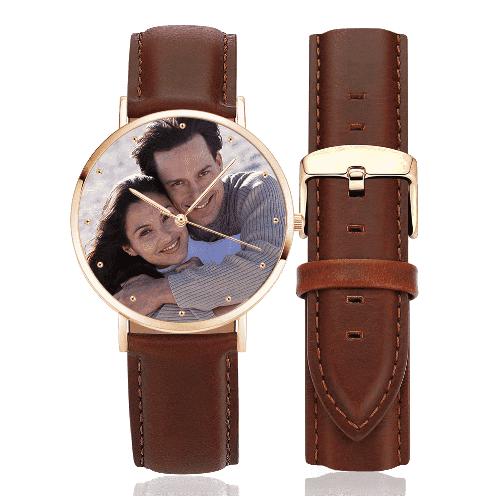 Unisex Engraved Rose Goldtone Photo Watch Brown Leather Strap 40mm - yournamenecklaceuk