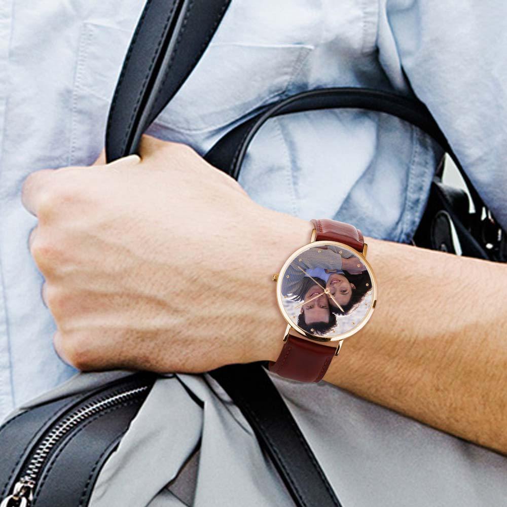 Unisex Engraved Rose Goldtone Photo Watch Brown Leather Strap 40mm - yournamenecklaceuk