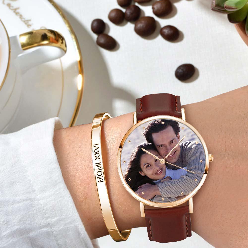 Unisex Engraved Rose Goldtone Photo Watch Brown Leather Strap 40mm - yournamenecklaceuk