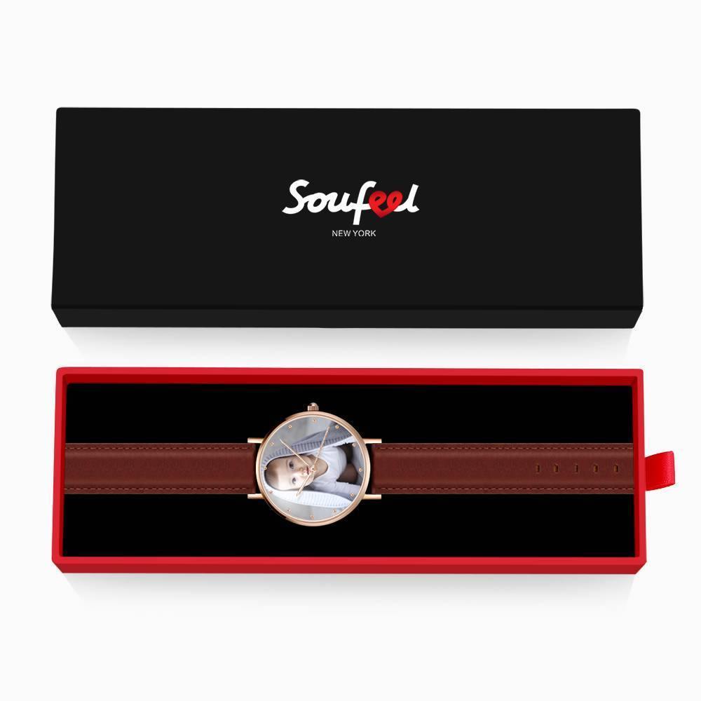 Unisex Engraved Rose Goldtone Photo Watch Brown Leather Strap 40mm - yournamenecklaceuk