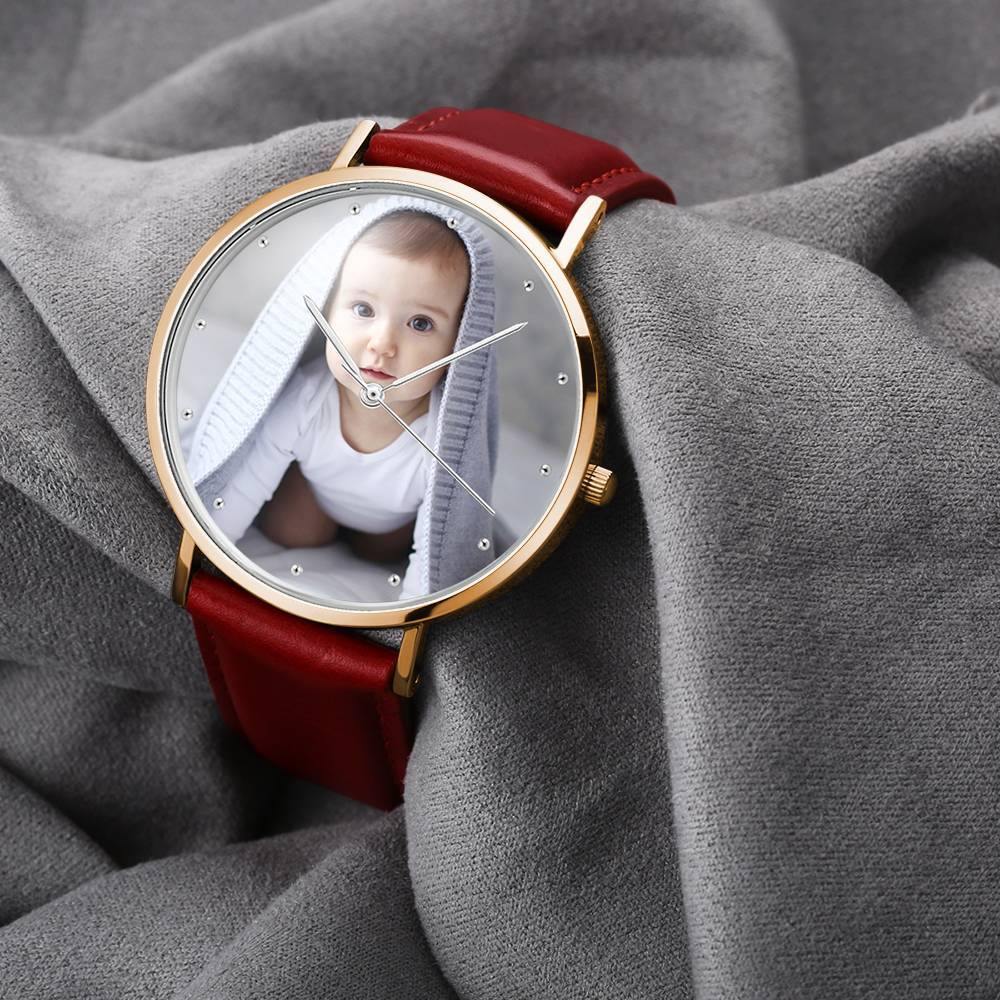 Women's Engraved Rose Goldtone Photo Watch Red Leather Strap 40mm - yournamenecklaceuk