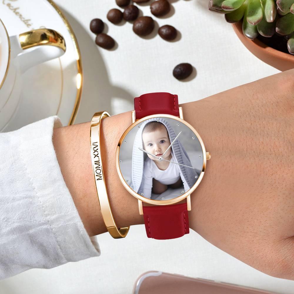 Women's Engraved Rose Goldtone Photo Watch Red Leather Strap 40mm - yournamenecklaceuk